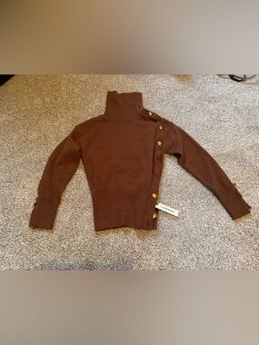 NWT Commense Asymmetric Brown Gold Button-Accent Knit Sweater Sz XS